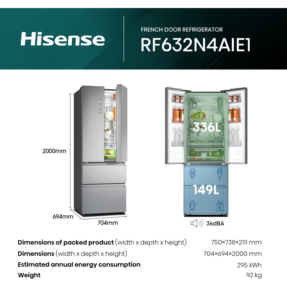 Hisense RF632N4AIE1 American Fridge Freezer, Stainless Steel, E Rated,  Non-Plumbed