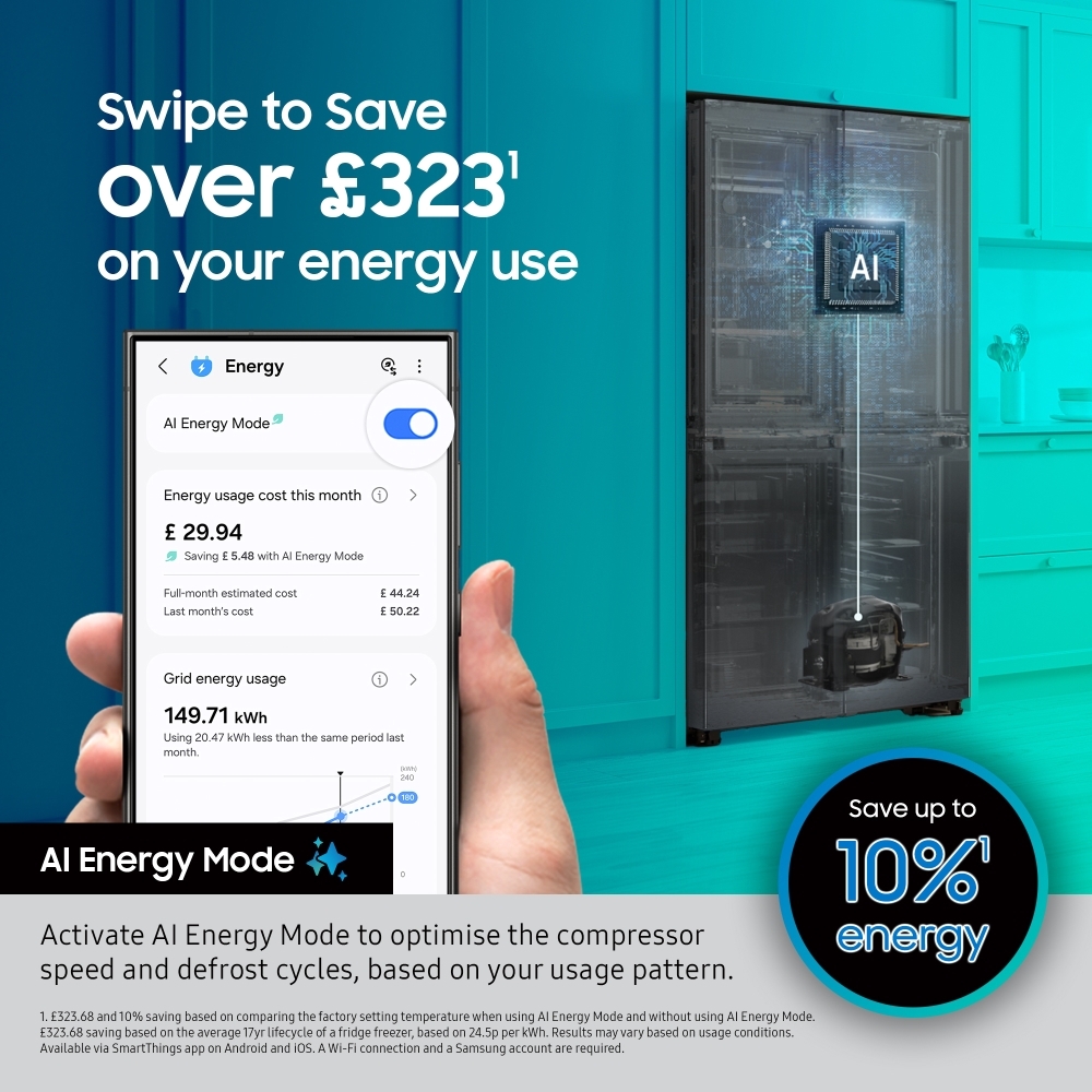 Samsung RF65DG9H0EB1 Family Hub AI Vision Inside American Fridge Freezer, Black Deep Ocean Inox Finish, E Rated,  Plumbed