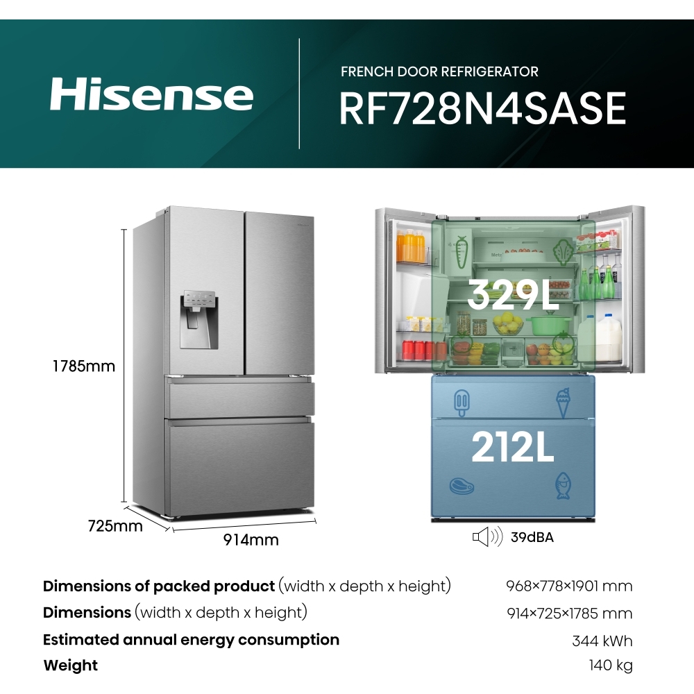 Hisense RF728N4SASE Hi7 American Fridge Freezer, Stainless Steel, E Rated,  Non-Plumbed