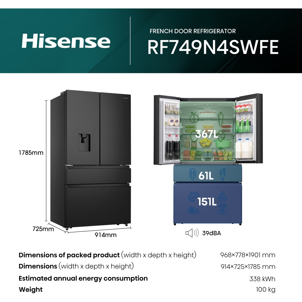Hisense RF749N4SWFE American Fridge Freezer, Black, E Rated,  Non-Plumbed