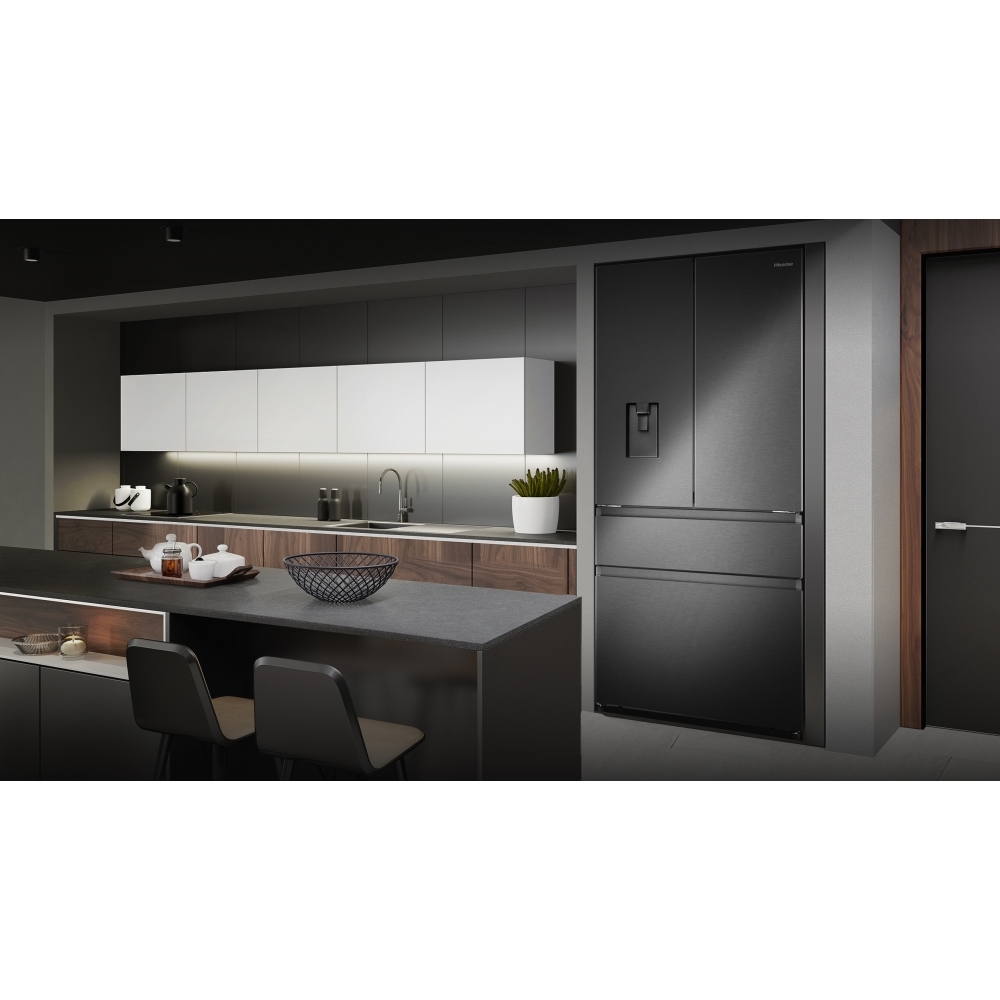 Hisense RF749N4SWFE American Fridge Freezer, Black, E Rated,  Non-Plumbed