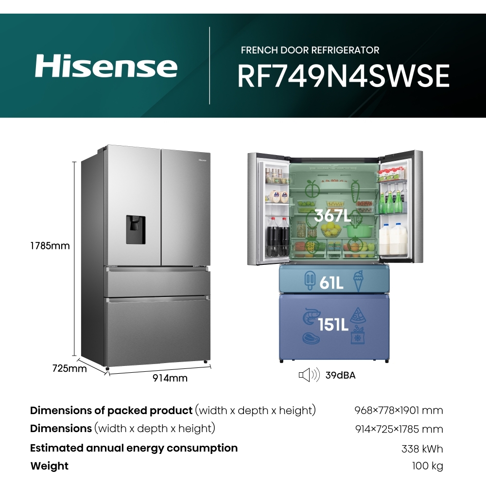 Hisense RF749N4SWSE American Fridge Freezer, Stainless Steel, E Rated,  Non-Plumbed