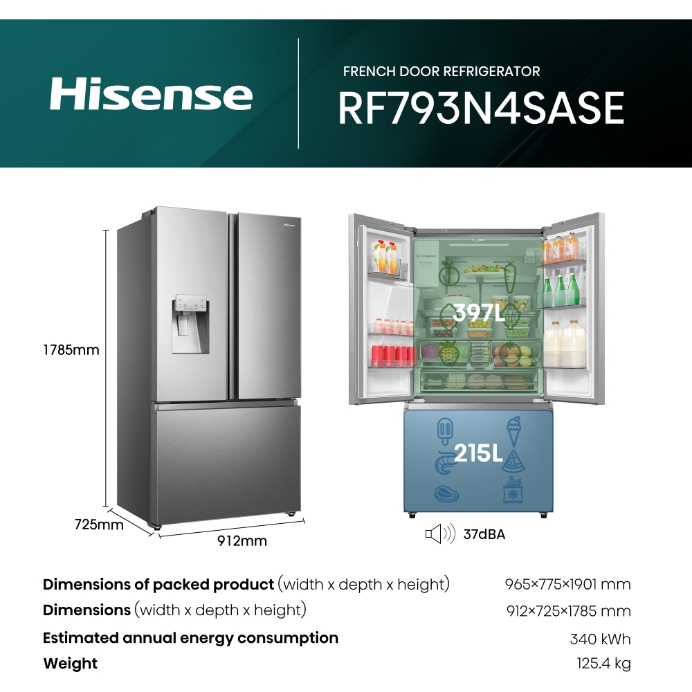 Hisense RF793N4SASE American Fridge Freezer, Stainless Steel, E Rated,  Plumbed