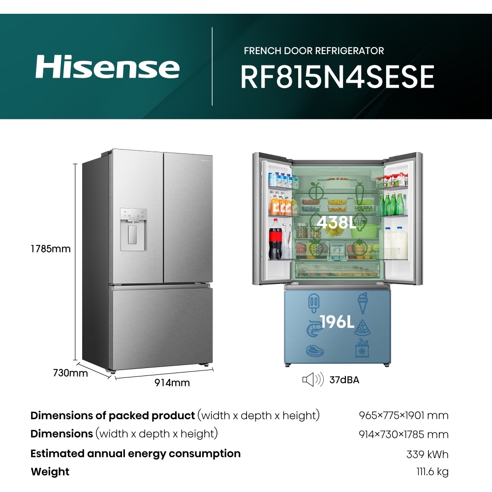 Hisense RF815N4SESE American Fridge Freezer,  Plumbed, Stainless Steel, E Rated