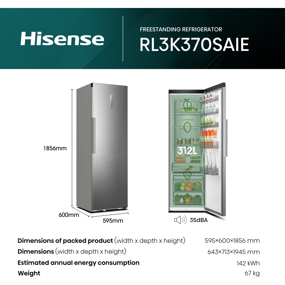 Hisense RL3K370SAIE Tall Larder Fridge, Stainless Steel, E Rated