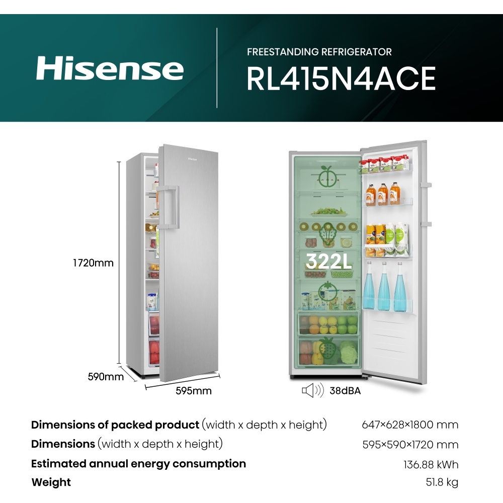 Hisense RL415N4ACE Tall Larder Fridge, Stainless Steel, E Rated
