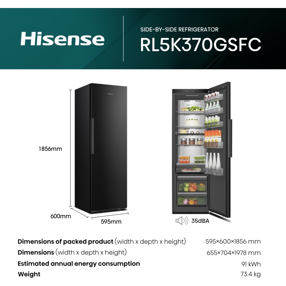 Hisense RL5K370GSFC Tall Larder Fridge, Black, C Rated