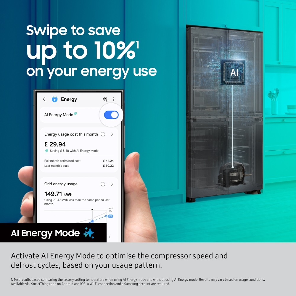 Samsung RM70F67RDREU Series 8 Smart American Fridge Freezer, Stainless Steel, D Rated,  Non-Plumbed