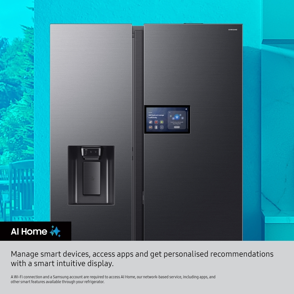 Samsung RM90F67CECEU American Fridge Freezer, Clean Deep Charcoal, Black, E Rated,  Plumbed