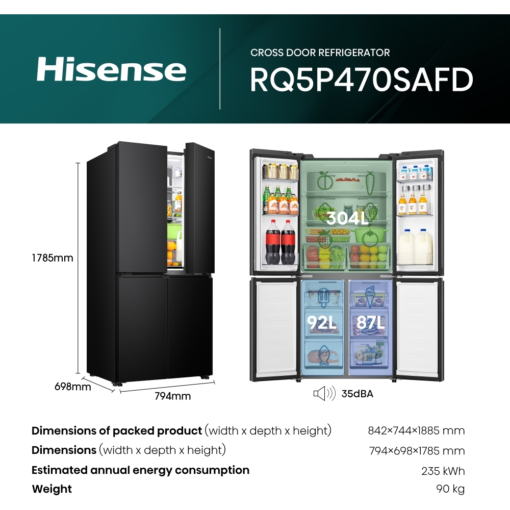 Hisense RQ5P470SAFD American Fridge Freezer, Black, D Rated,  Non-Plumbed