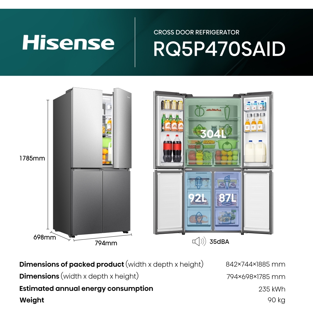 Hisense RQ5P470SAID American Fridge Freezer,  Non-Plumbed, Stainless Steel, D Rated
