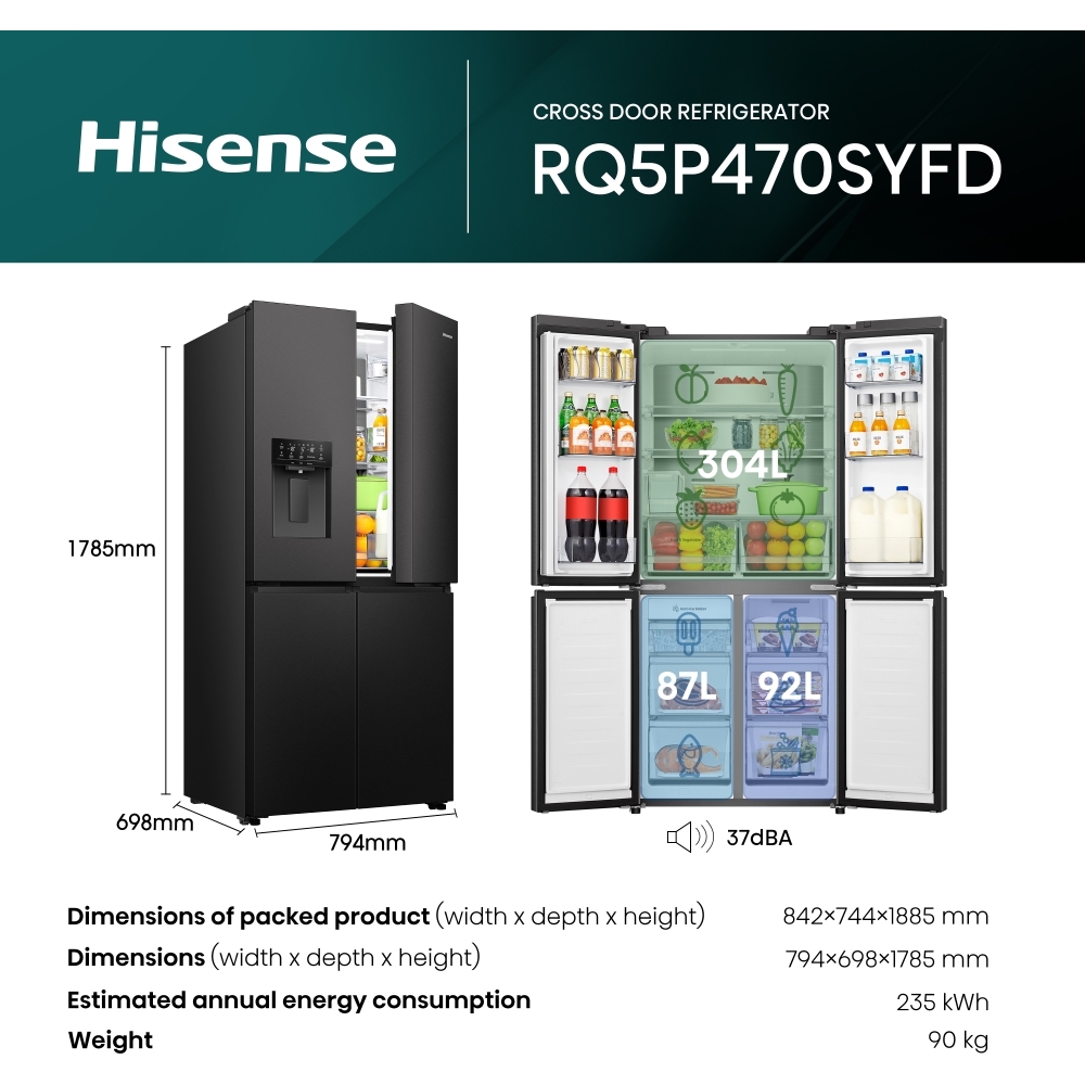 Hisense RQ5P470SYFD American Fridge Freezer, Black, D Rated,  Non-Plumbed