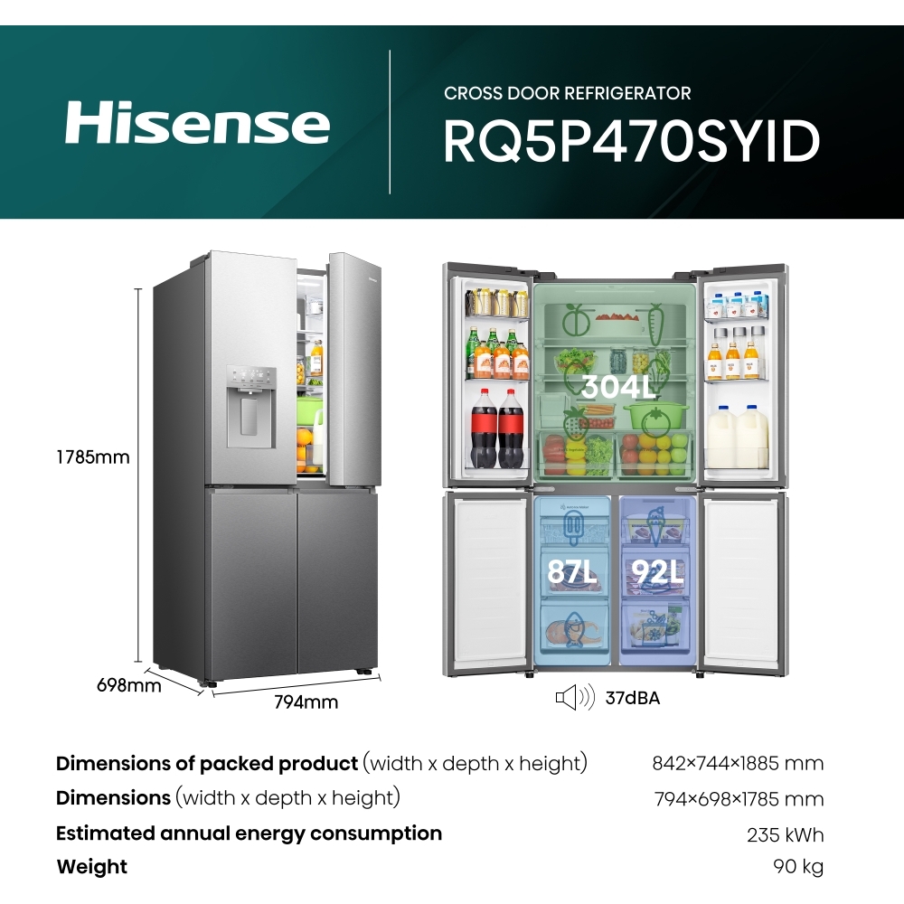 Hisense RQ5P470SYID American Fridge Freezer,  Non-Plumbed, Stainless Steel, D Rated