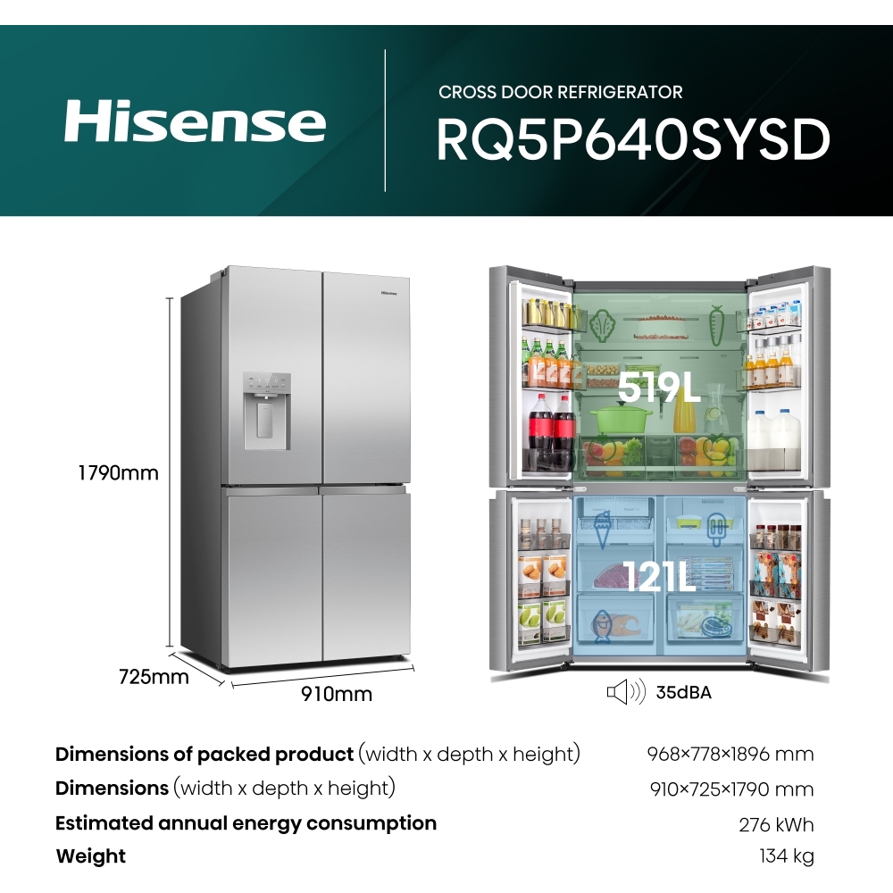 Hisense RQ5P640SYSD American Fridge Freezer, Stainless Steel, D Rated,  Non-Plumbed