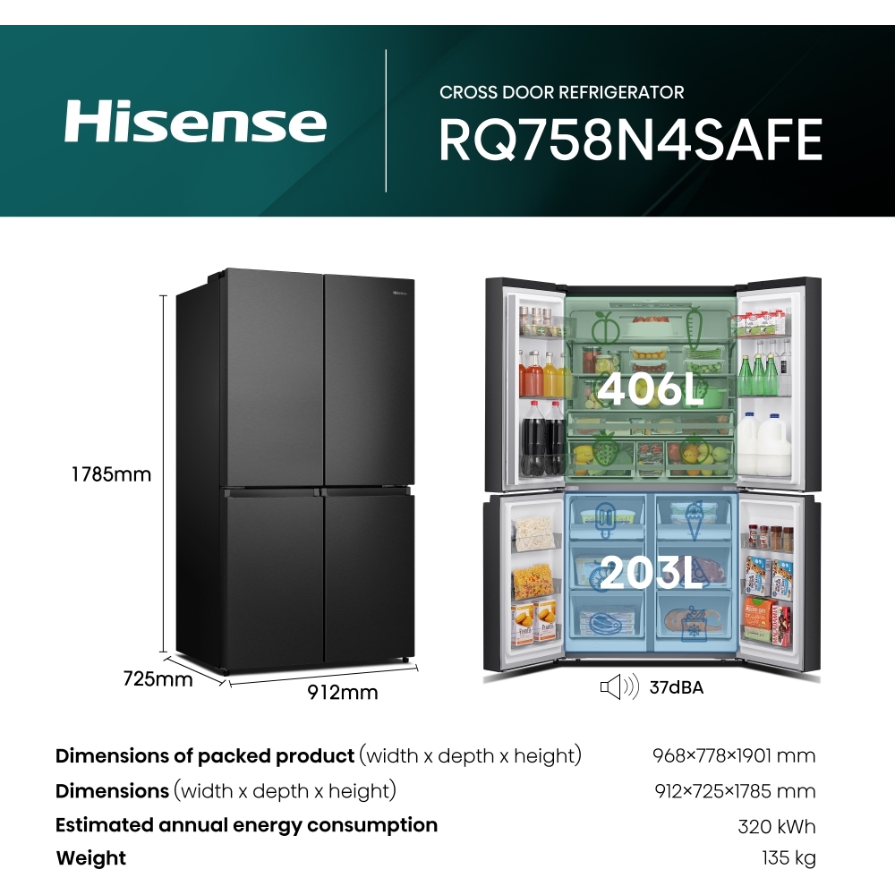 Hisense RQ758N4SAFE American Fridge Freezer, Black, E Rated,  Non-Plumbed