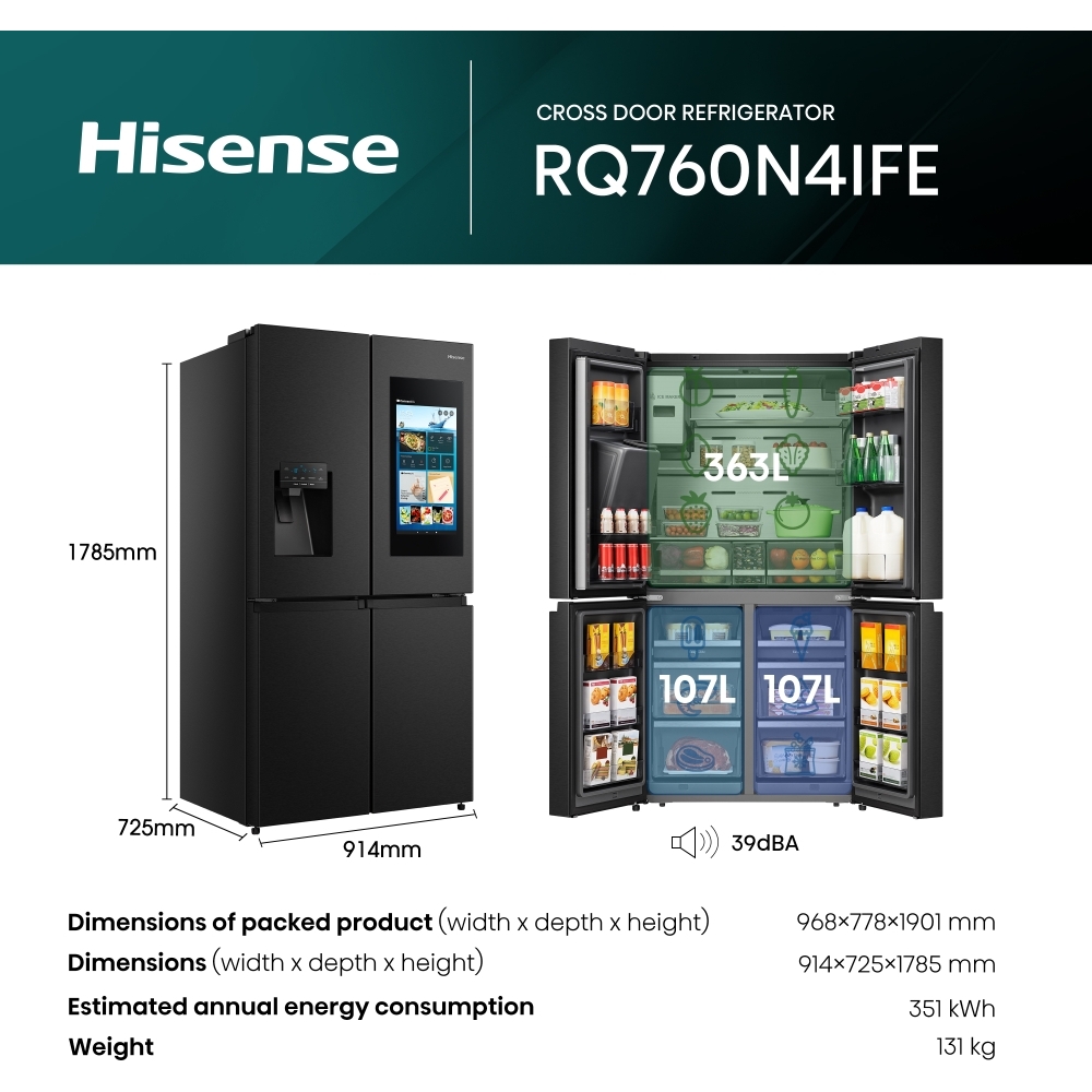 Hisense RQ760N4IFE American Fridge Freezer, Black, E Rated,  Plumbed