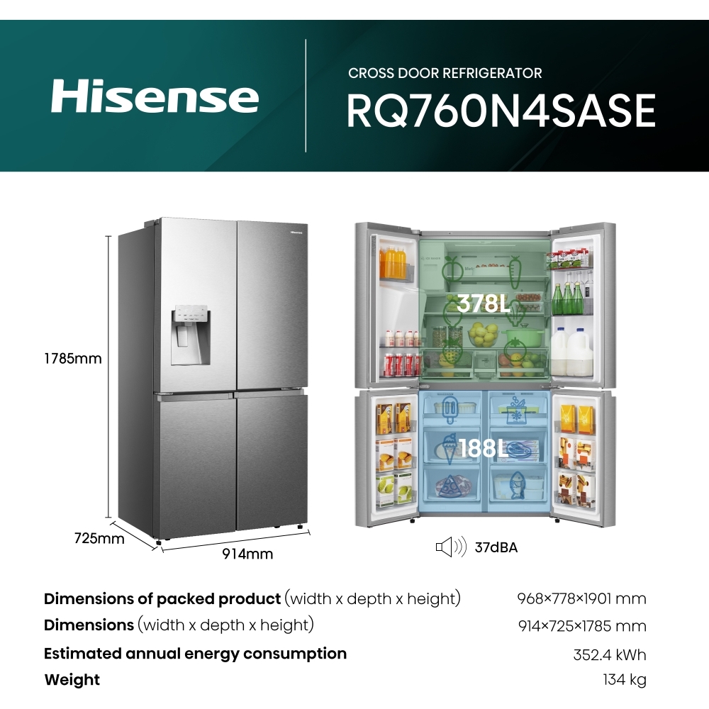 Hisense RQ760N4SASE American Fridge Freezer, Stainless Steel, E Rated,  Non-Plumbed