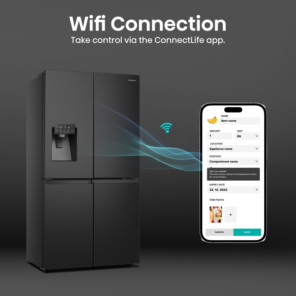 Hisense RQ760N4SBFE American Fridge Freezer, Black, E Rated,  Non-Plumbed