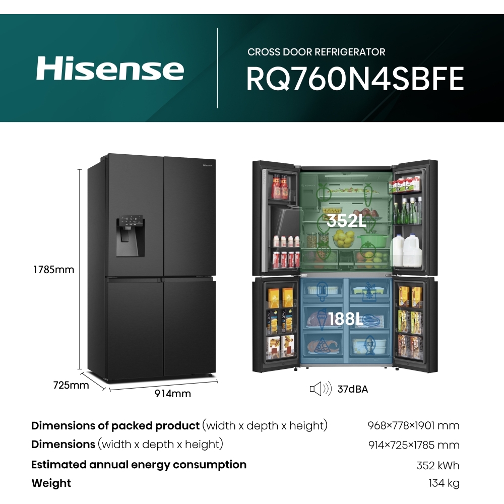 Hisense RQ760N4SBFE American Fridge Freezer, Black, E Rated,  Non-Plumbed