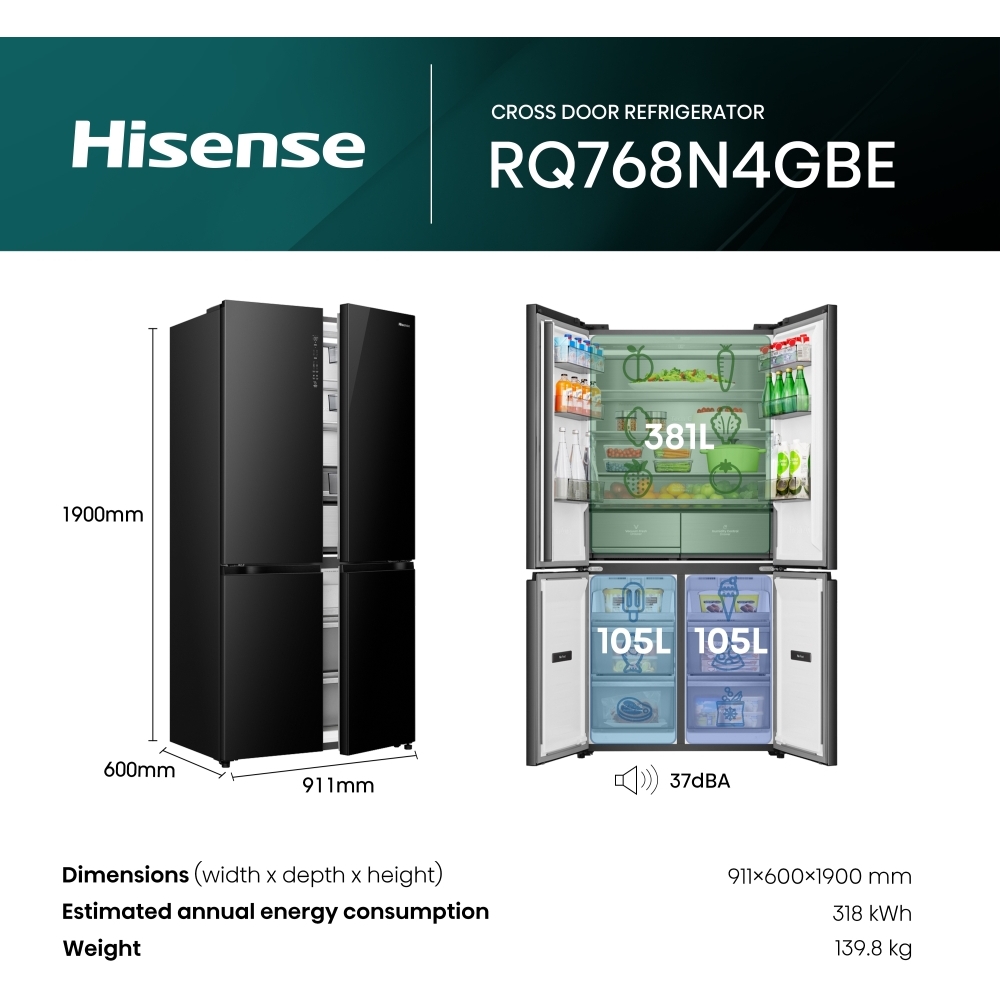 Hisense RQ768N4GBE American Fridge Freezer,  Non-Plumbed, Black, E Rated