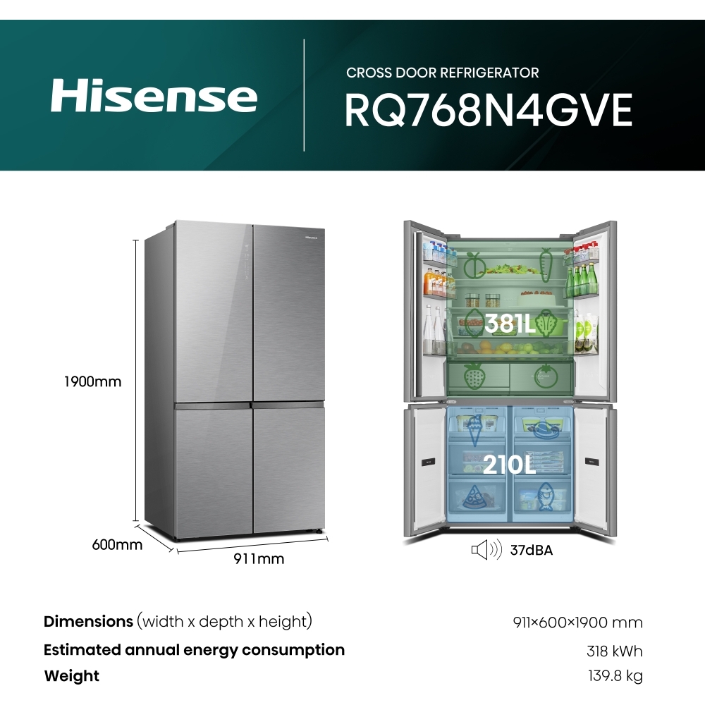 Hisense RQ768N4GVE American Fridge Freezer, Silver, E Rated,  Non-Plumbed