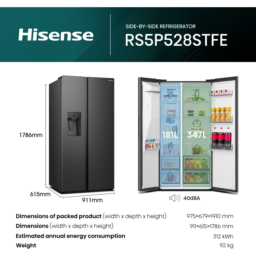 Hisense RS5P528STBE American Fridge Freezer, Black, E Rated,  Non-Plumbed