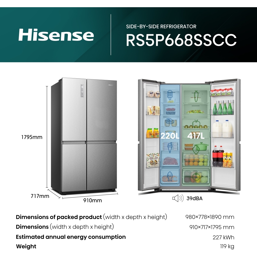 Hisense RS5P668SSCC American Fridge Freezer, Silver, C Rated,  Non-Plumbed