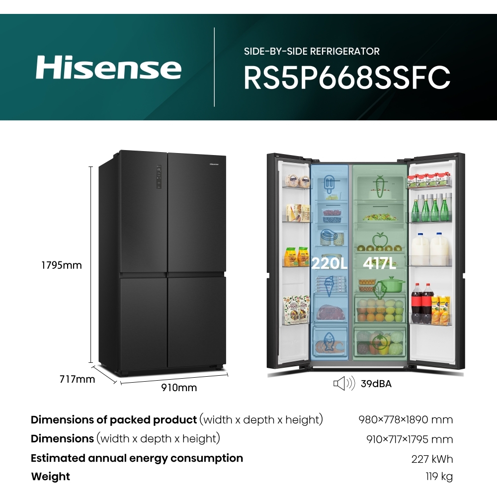 Hisense RS5P668SSFC American Fridge Freezer, Black, C Rated,  Non-Plumbed