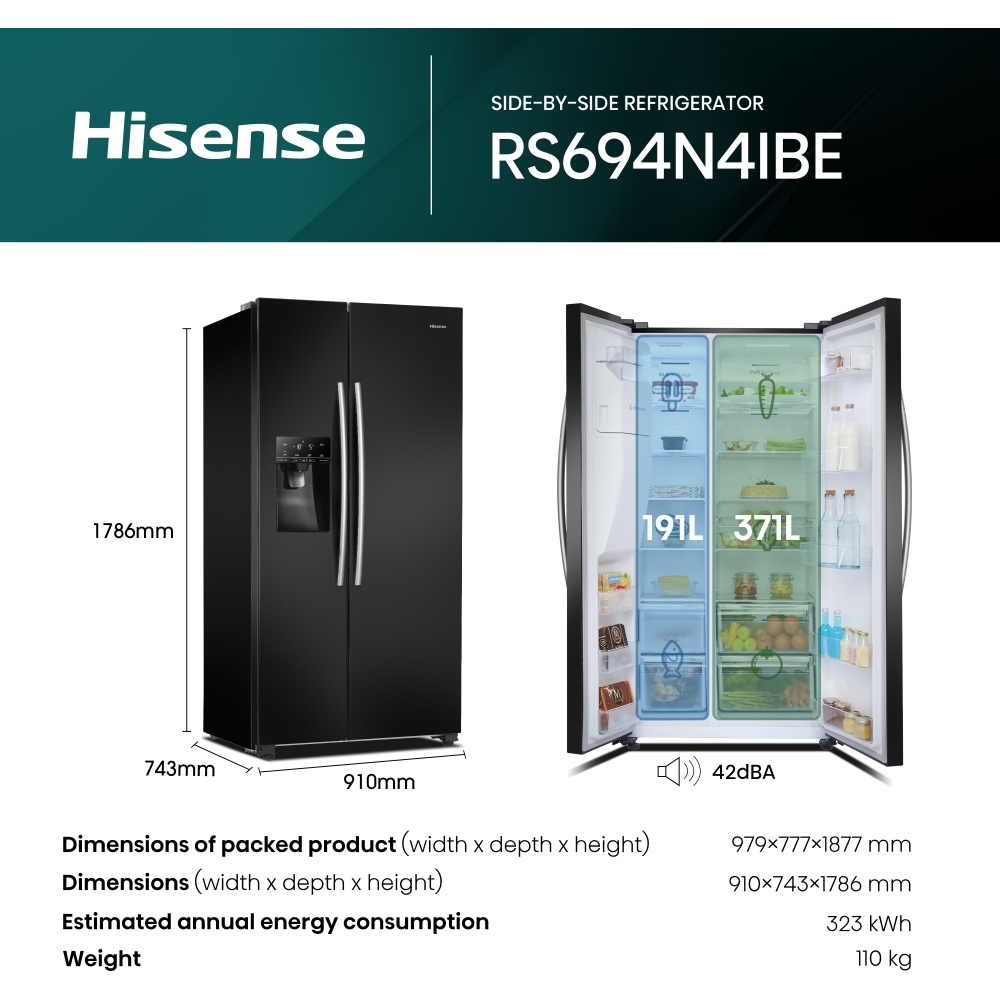 Hisense RS694N4IBE American Fridge Freezer, Black, E Rated,  Plumbed