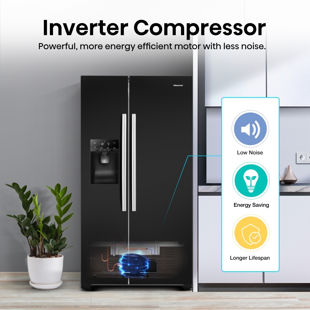 Hisense RS694N4IBE American Fridge Freezer, Black, E Rated,  Plumbed