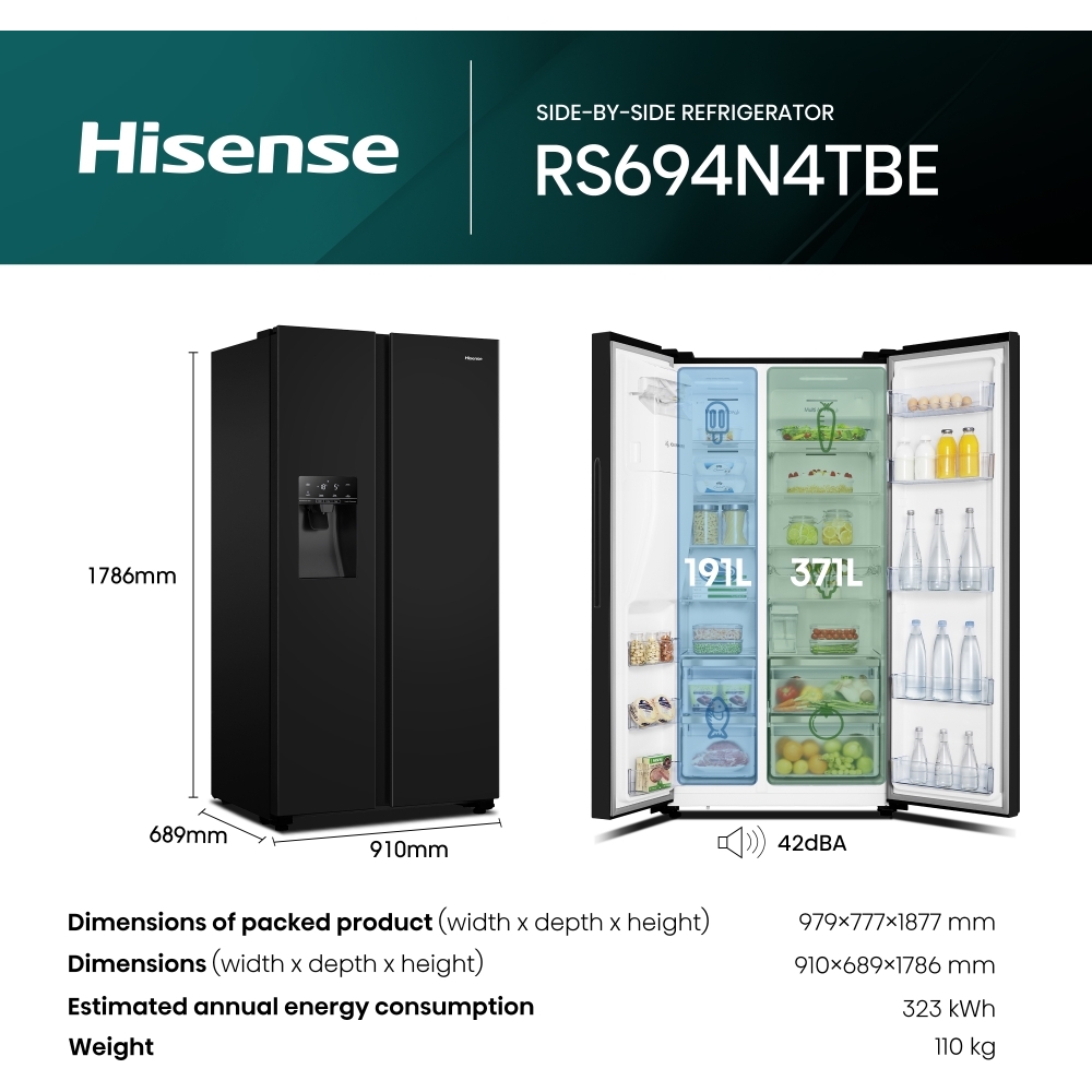 Hisense RS694N4TBE American Fridge Freezer, Black, E Rated,  Non-Plumbed