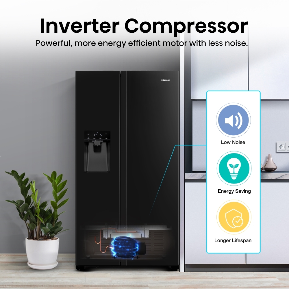 Hisense RS694N4TBE American Fridge Freezer, Black, E Rated,  Non-Plumbed