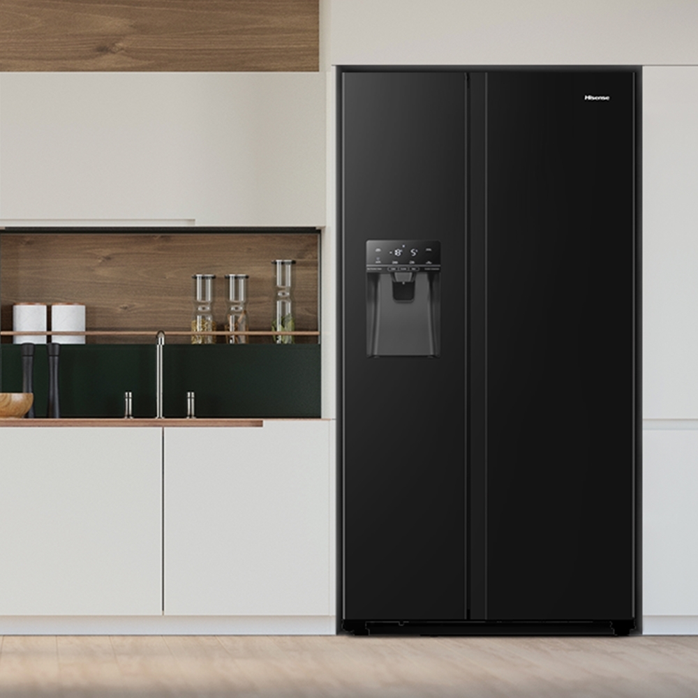 Hisense RS694N4TBE American Fridge Freezer, Black, E Rated,  Non-Plumbed