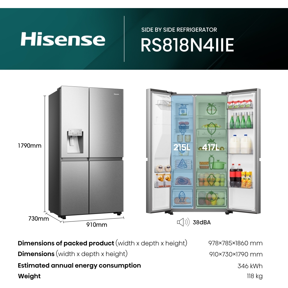 Hisense RS818N4IIE American Fridge Freezer,  Plumbed, Stainless Steel, E Rated