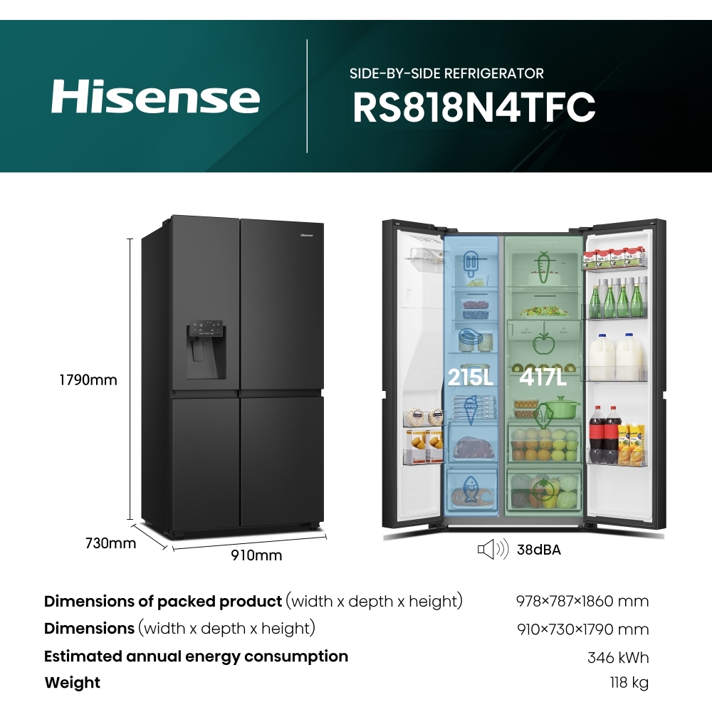 Hisense RS818N4TFC American Fridge Freezer, Black, C Rated,  Non-Plumbed
