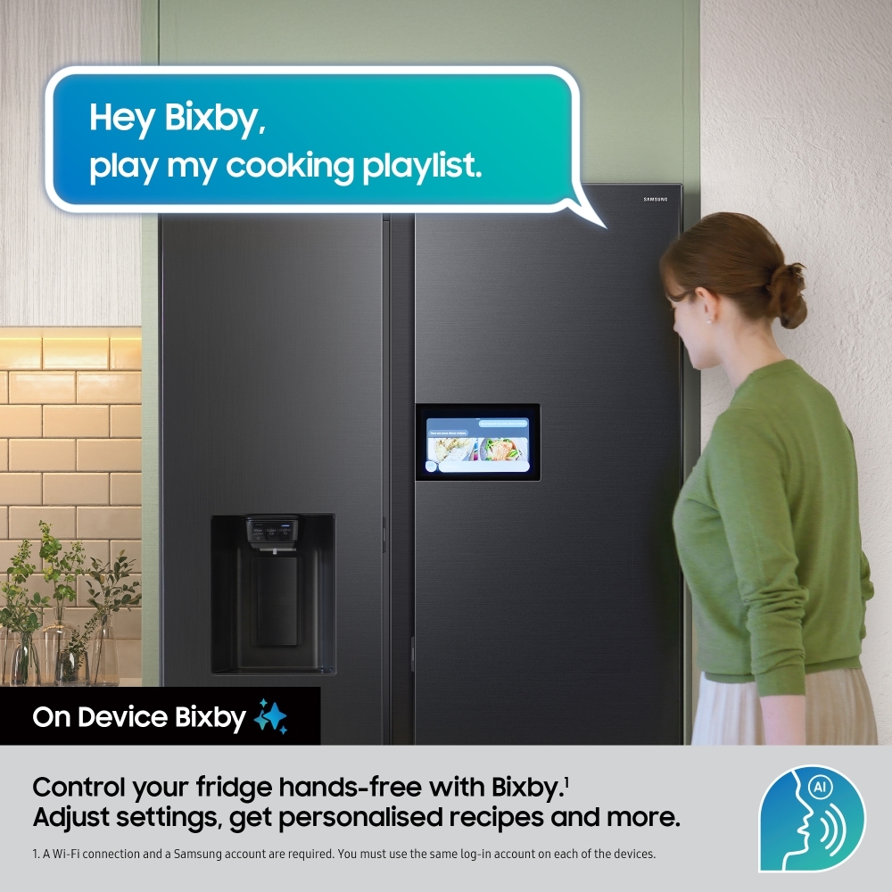 Samsung RS90F64EDTEU Series 9 AI Home Smart American Fridge Freezer, Matt Metal Silver, D Rated,  Plumbed
