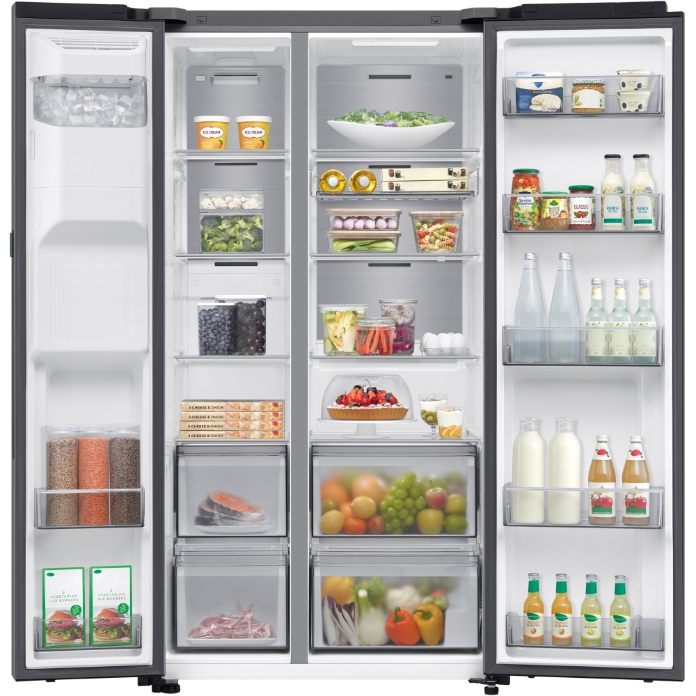 Samsung RS90F64EETEU American Fridge Freezer, Matt Metal Silver, E Rated,  Plumbed