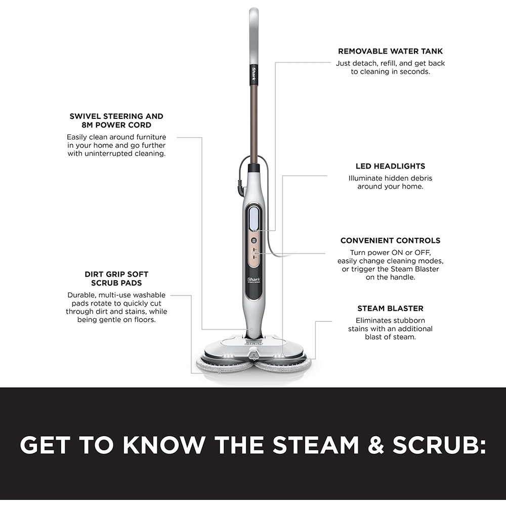 Shark S8201UK Steam & Scrub Automatic Steam Mop with Steam Blaster, White