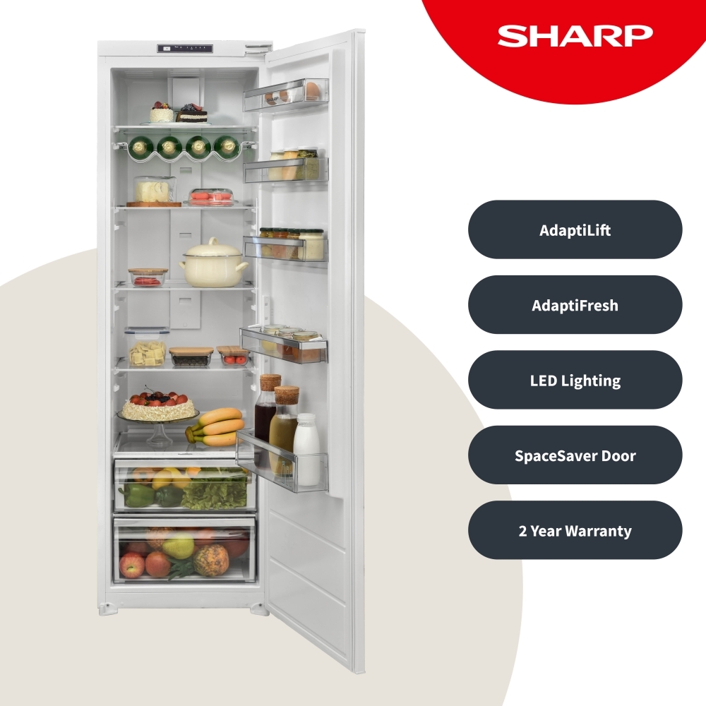 Sharp SJ-LE300E01X-EN Built-In Larder Fridge, Sliding Hinge, White, E Rated