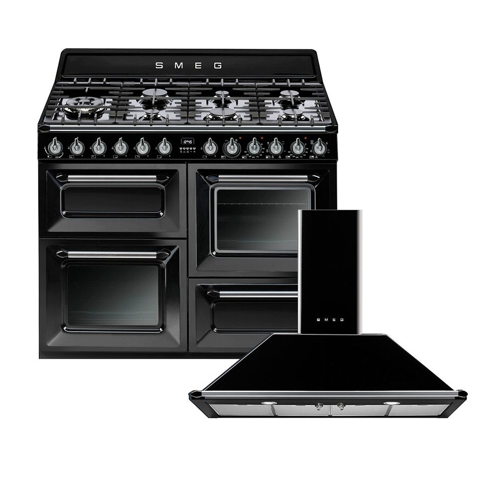 Smeg Victoria Dual Fuel Range Cooker & Hood Pack, Black, A Rated