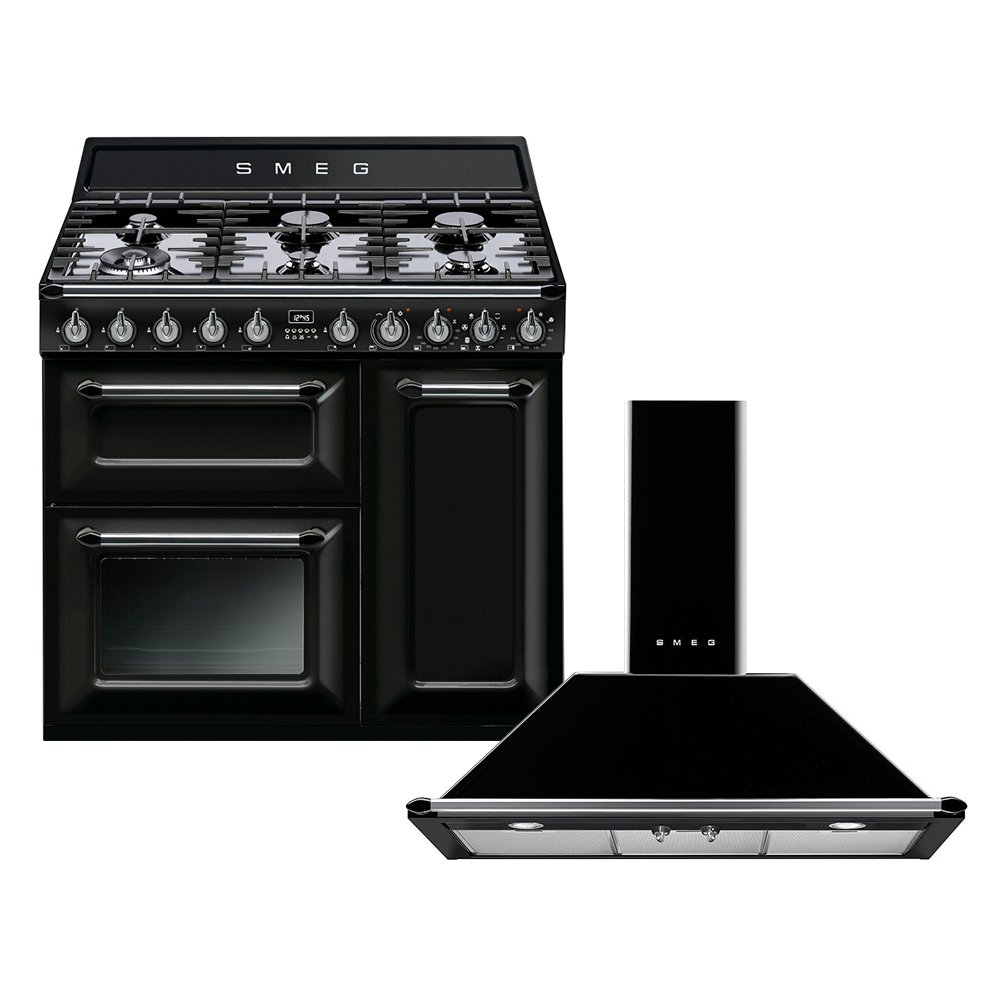 Smeg Victoria Dual Fuel Range Cooker & Hood Pack, Black, A Rated