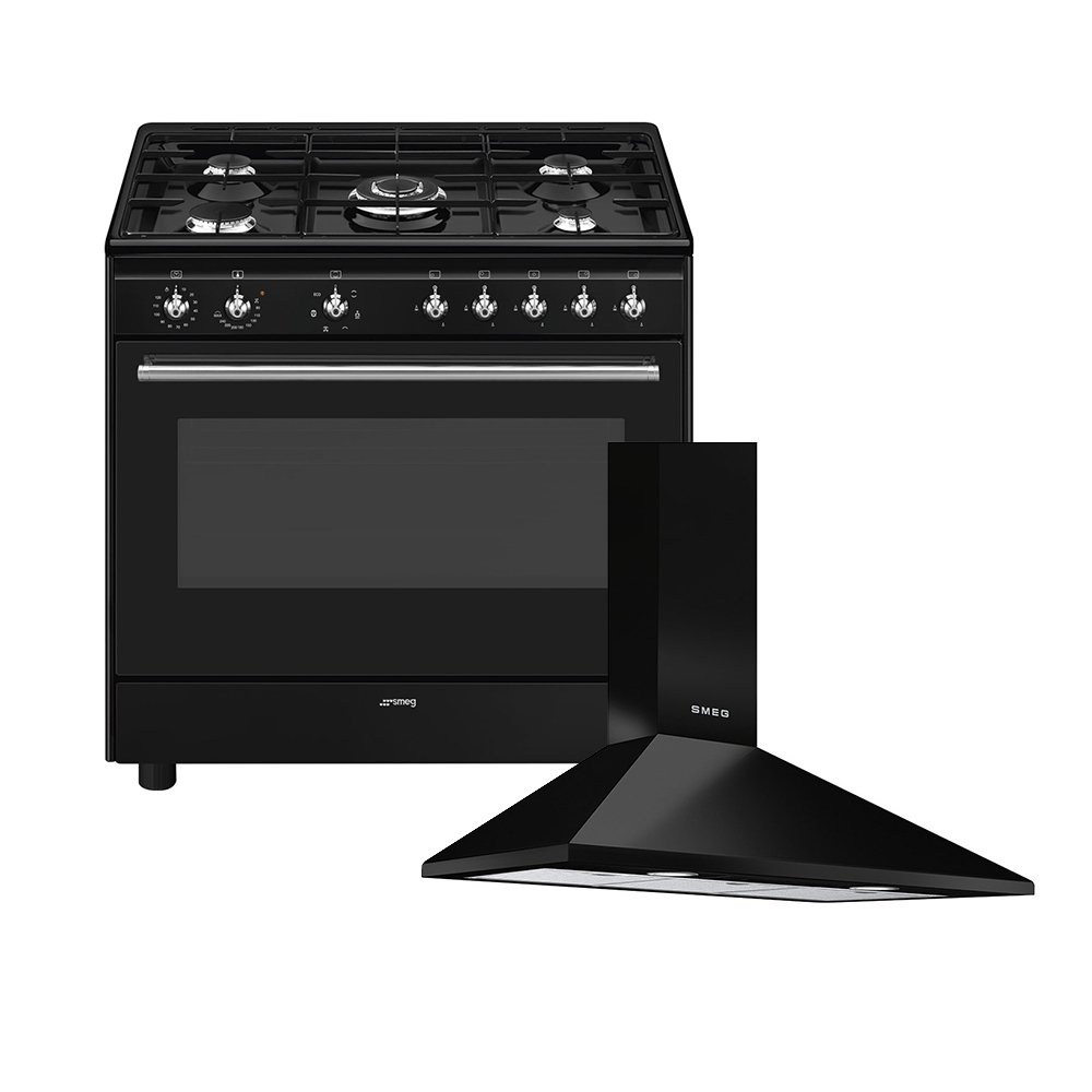 Smeg Concert Dual Fuel Range Cooker & Hood Pack, Black, A Rated