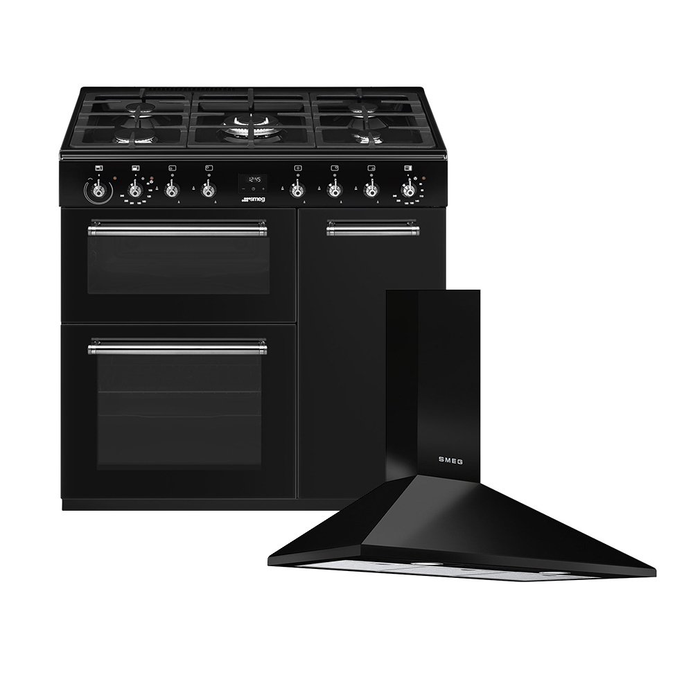 Smeg Concert Dual Fuel Range Cooker & Hood Pack, Black, A Rated
