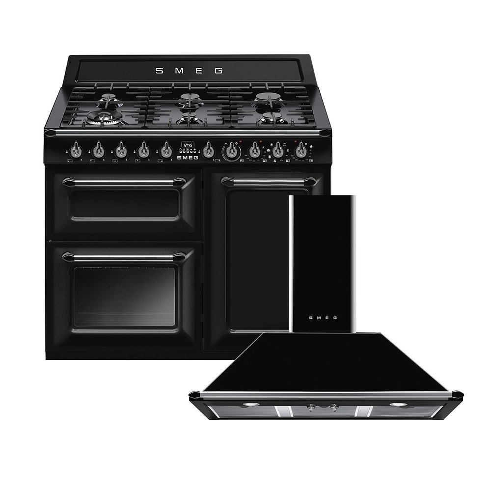 Smeg Victoria Dual Fuel Range Cooker & Hood Pack, Black, A Rated
