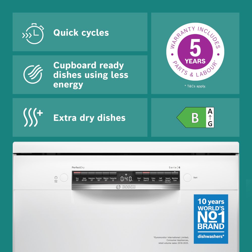 Bosch SMS6ZCW10G Series 6 Dishwasher, 14 Place Settings, White, B Rated