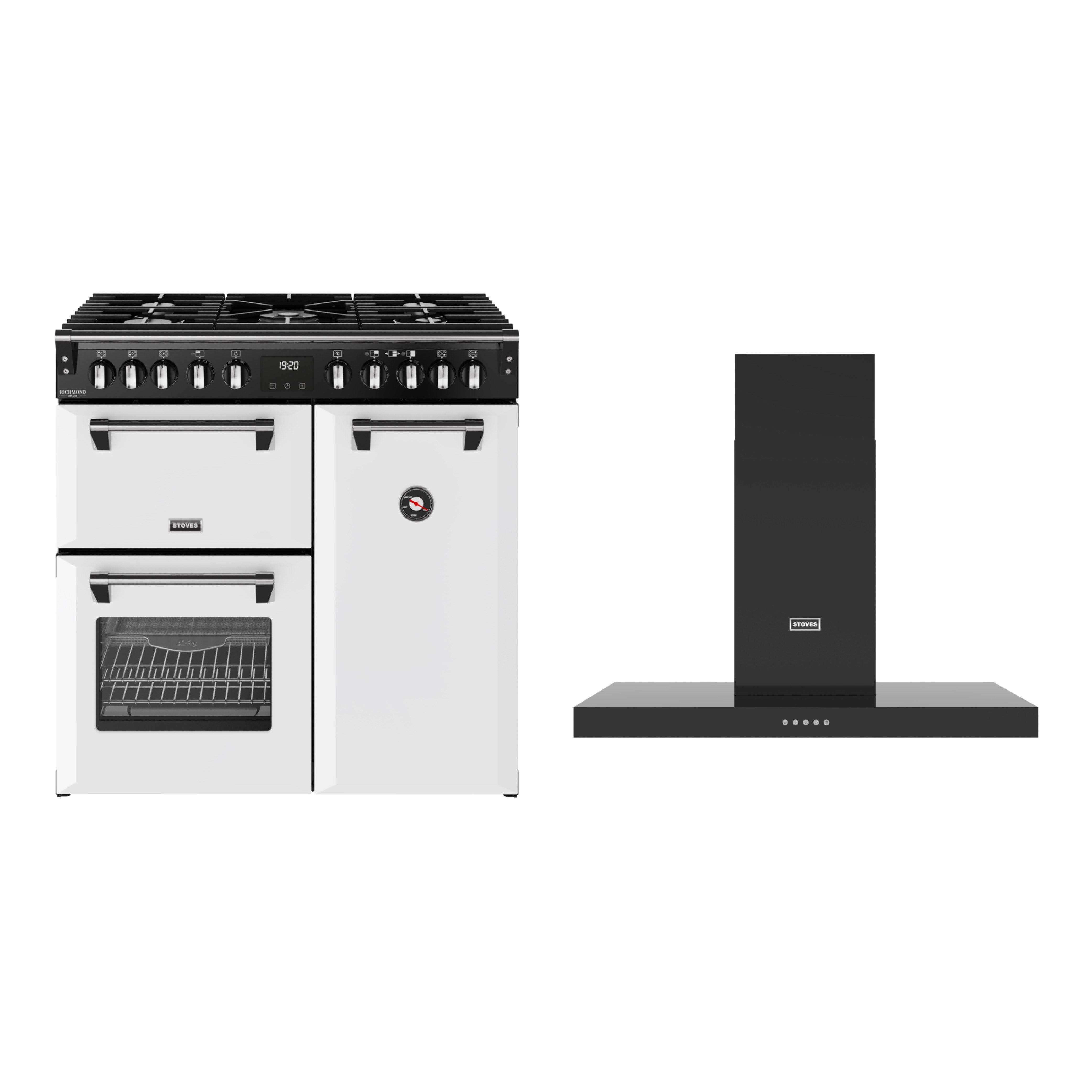 Stoves 90cm Dual Fuel Range Cooker, Ice White + 90cm Chimney Cooker Hood