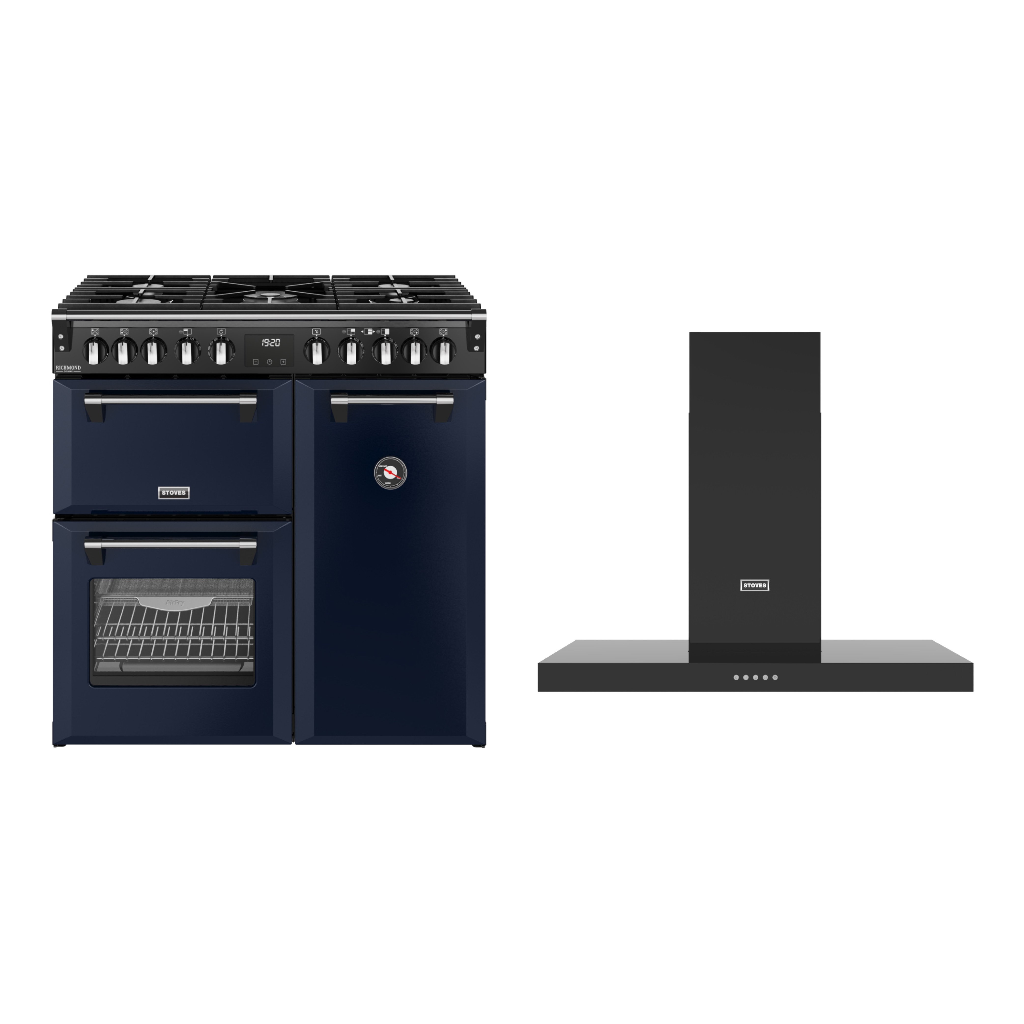 Stoves 90cm Dual Fuel Range Cooker, Midnight Blue + 90cm Chimney Cooker Hood