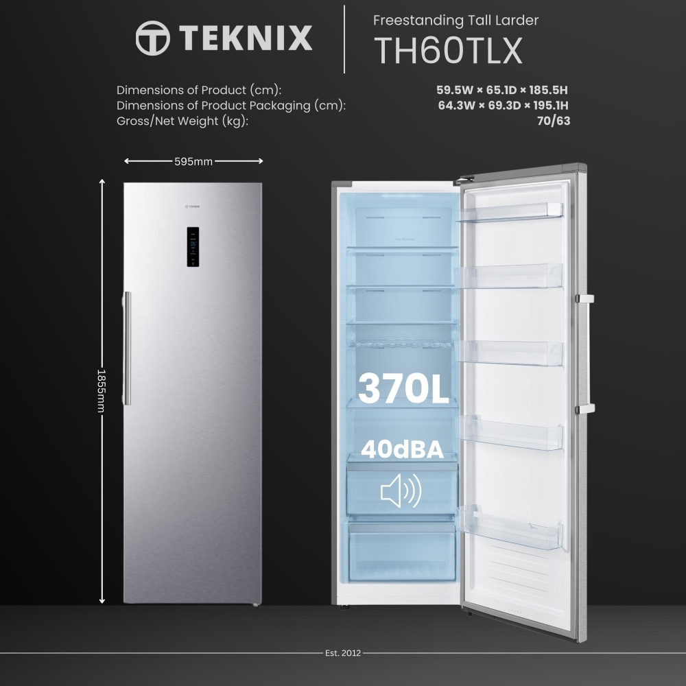 Teknix TH60TLX Tall Larder Fridge, Stainless Steel, E Rated