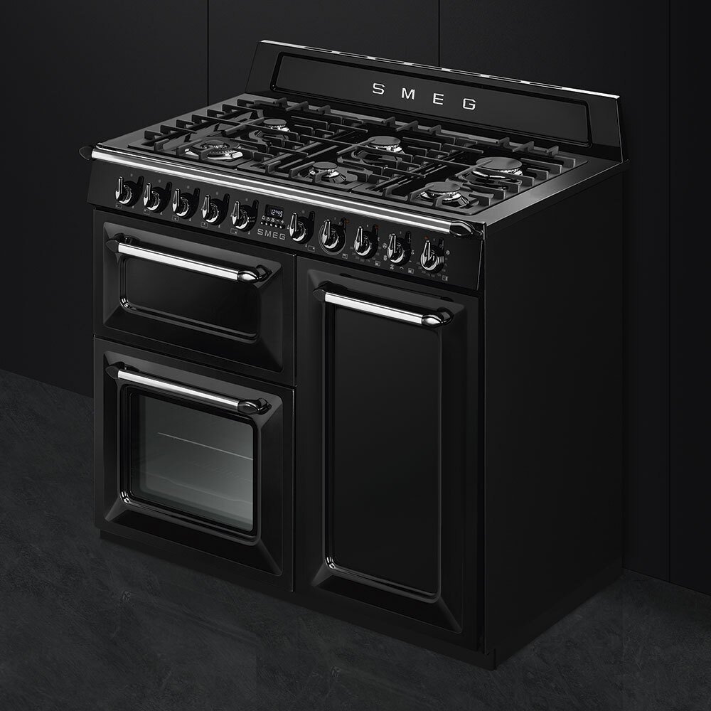 Smeg TR103BL Victoria 100cm Dual Fuel Range Cooker, Black, A Rated
