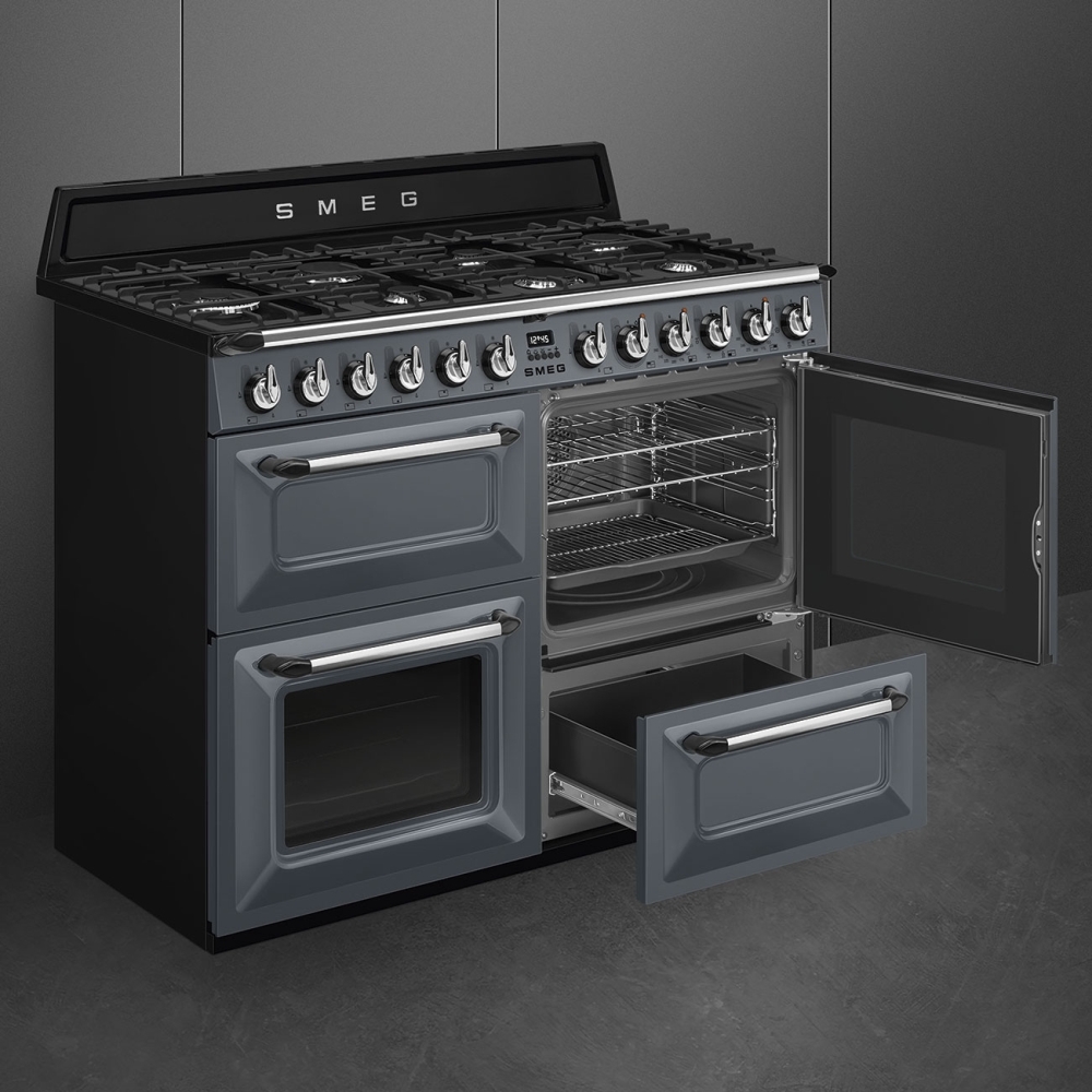 Smeg TR4110GR Victoria 110cm Dual Fuel Range Cooker, Grey, A Rated